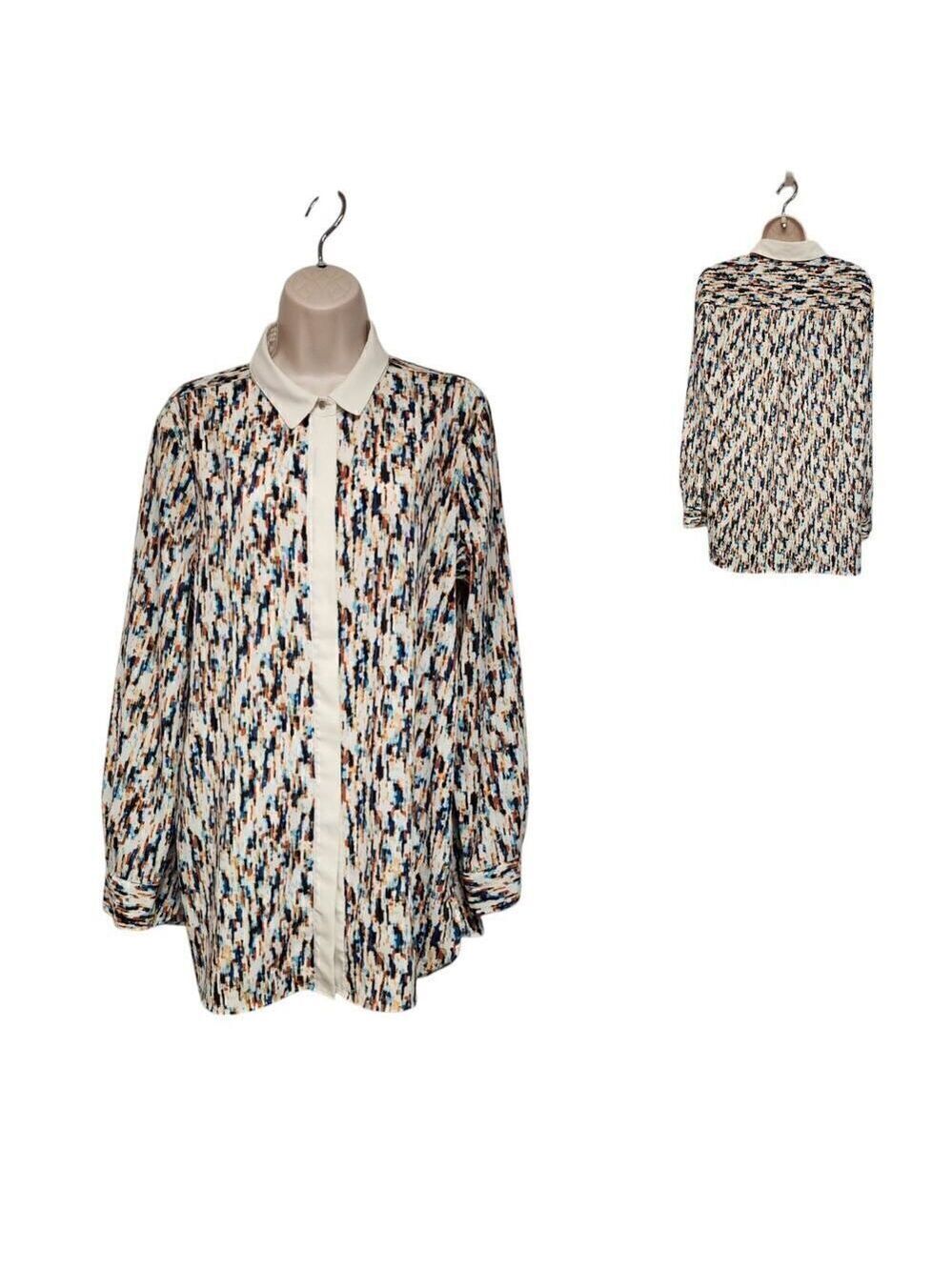 Ellen Tracy Women's Long Sleeve Semi-Sheer Button Down Geo Print Blouse Size L